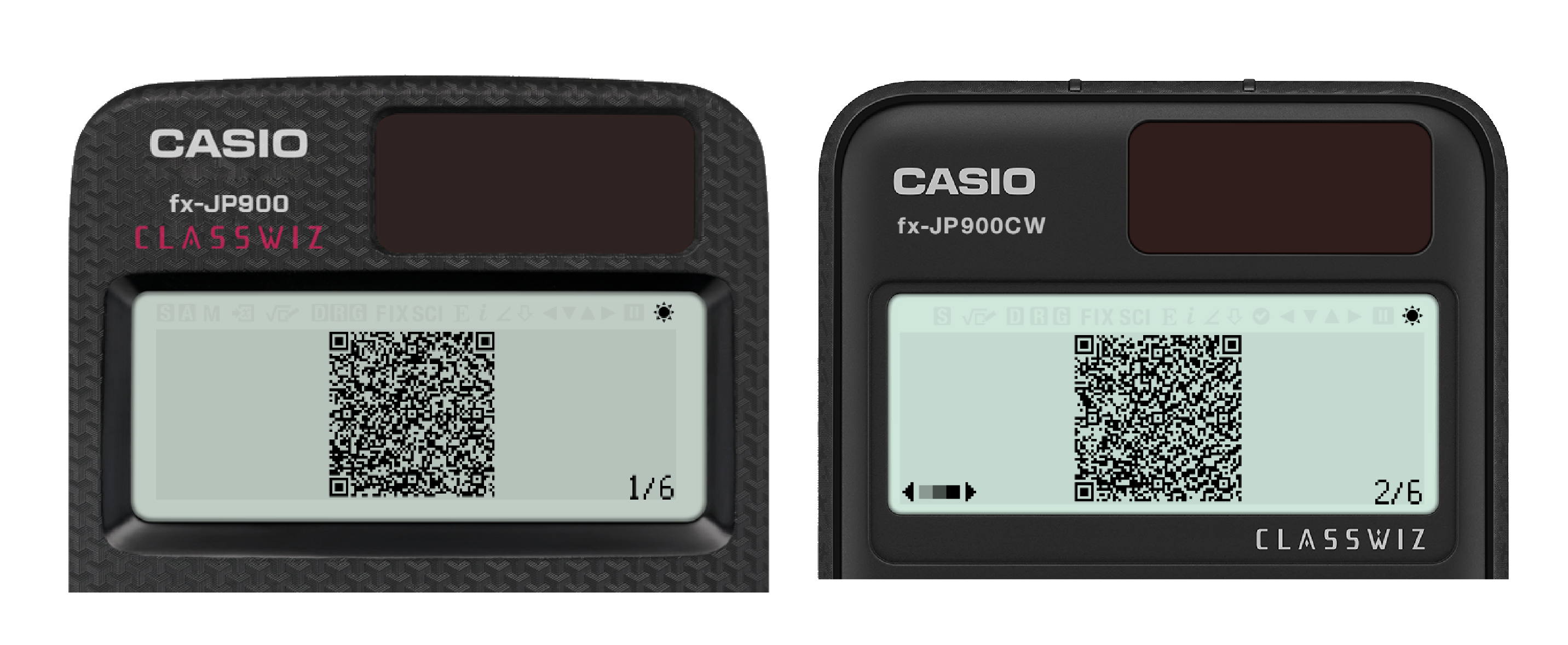 A Casio fx-JP900 and fx-JP900CW showing 2 different version 11 QR codes.