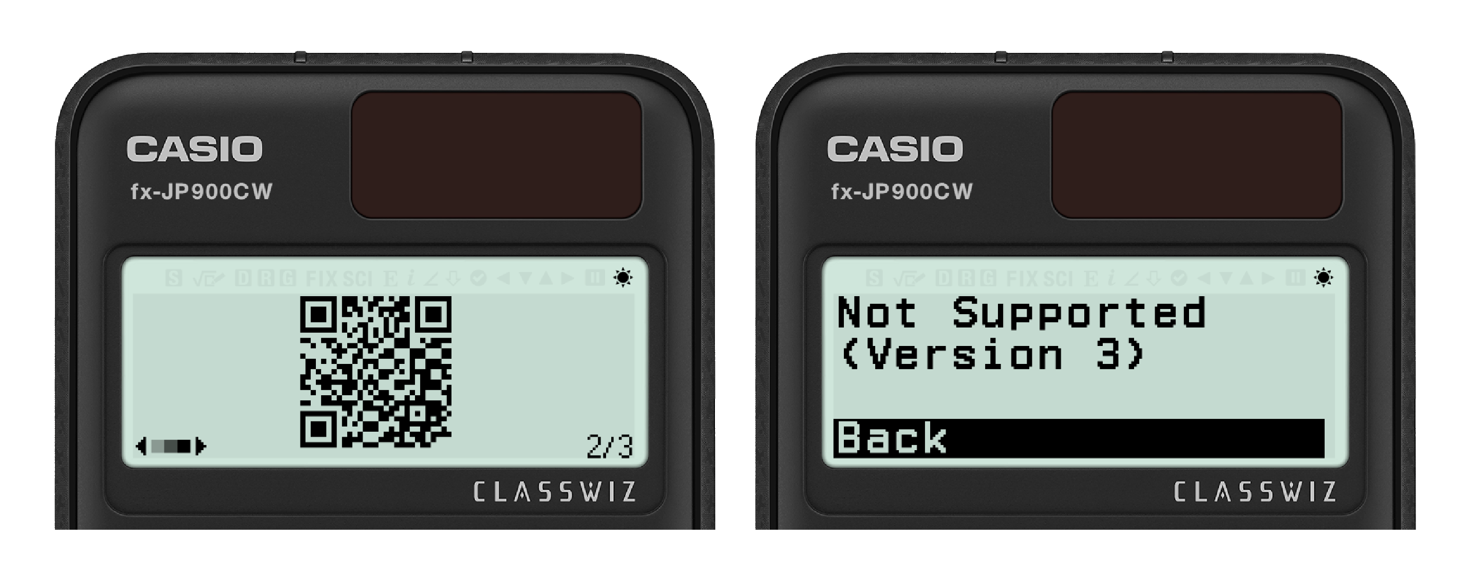 2 pictures of a Casio fx-JP900CW, one is showing a version 3 QR code, the other is displaying the error "Not Supported (Version 3)".