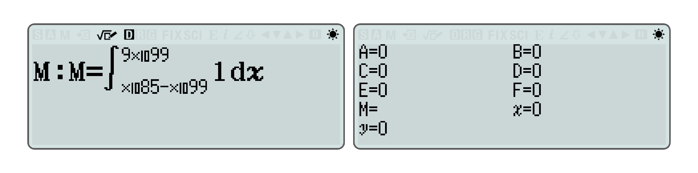 2 Casio CW I calculator screen captures. One is showing the equation M:M=Integral(1, ×10^85-*10^99, 9×10^99), the other shows the variable menu with an empty value in M.